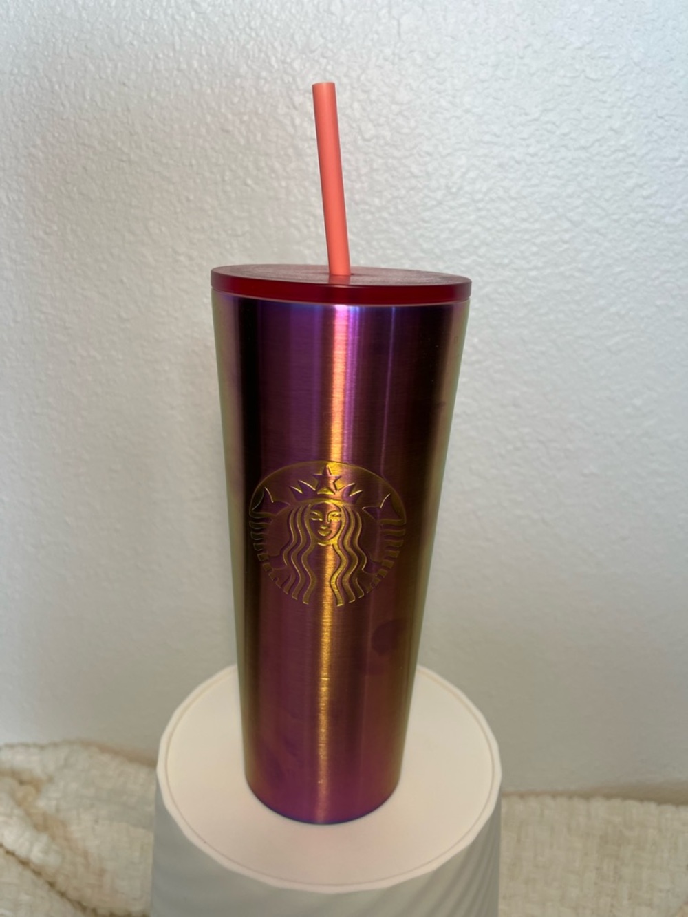 Starbucks Iridescent Purple Tumbler with Coral Straw and Red Lid